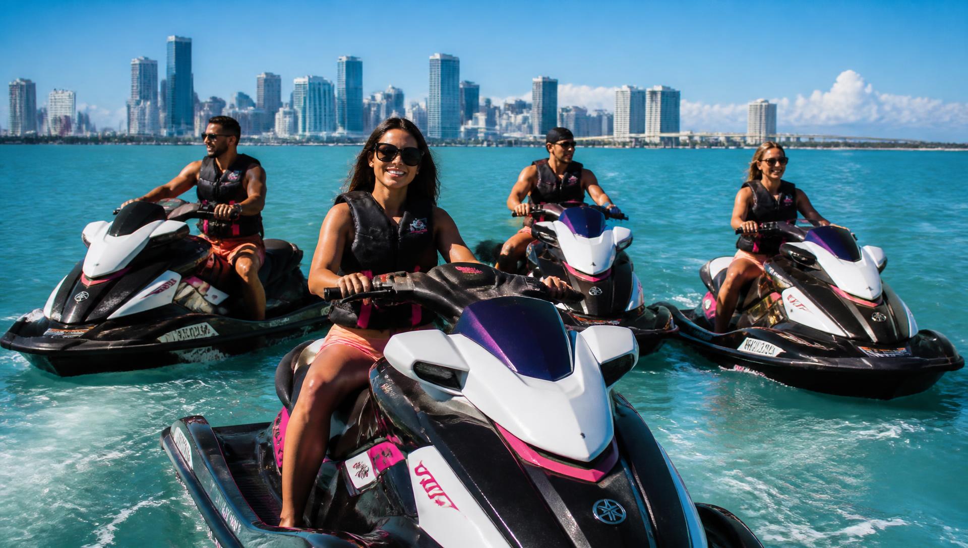 Group riding Yamaha WaveRunners on Biscayne Bay